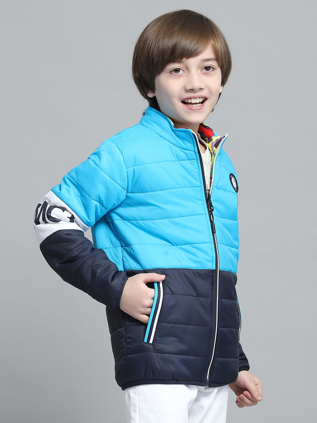 Boys Blue Solid Mock Neck Full Sleeve Reversible Jacket