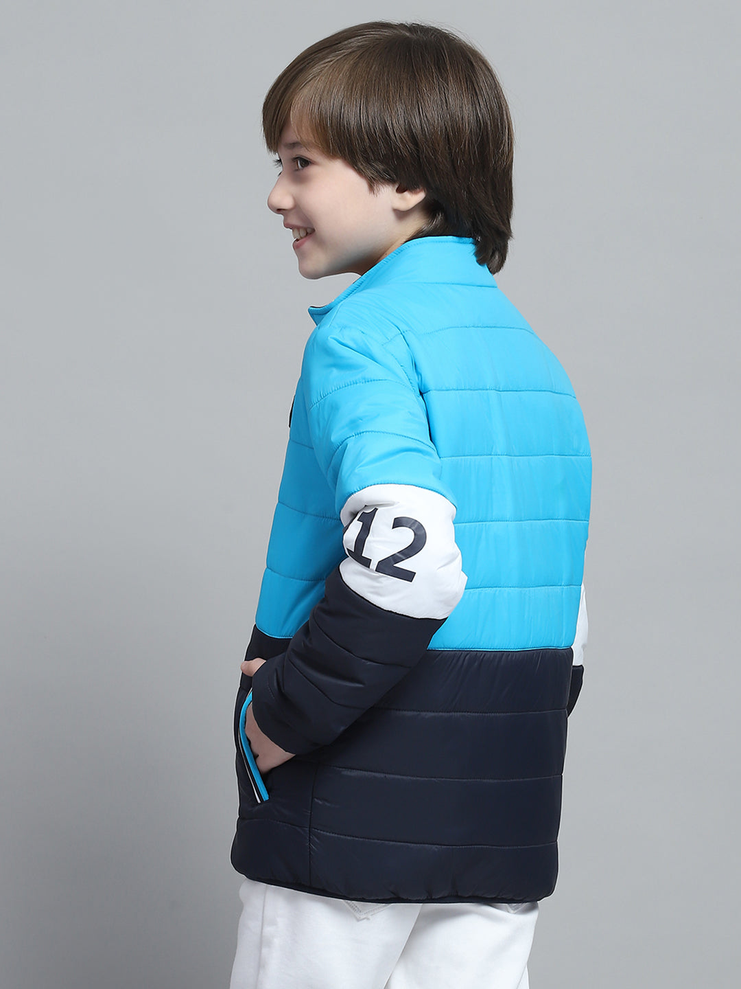 Boys Blue Solid Mock Neck Full Sleeve Reversible Jacket