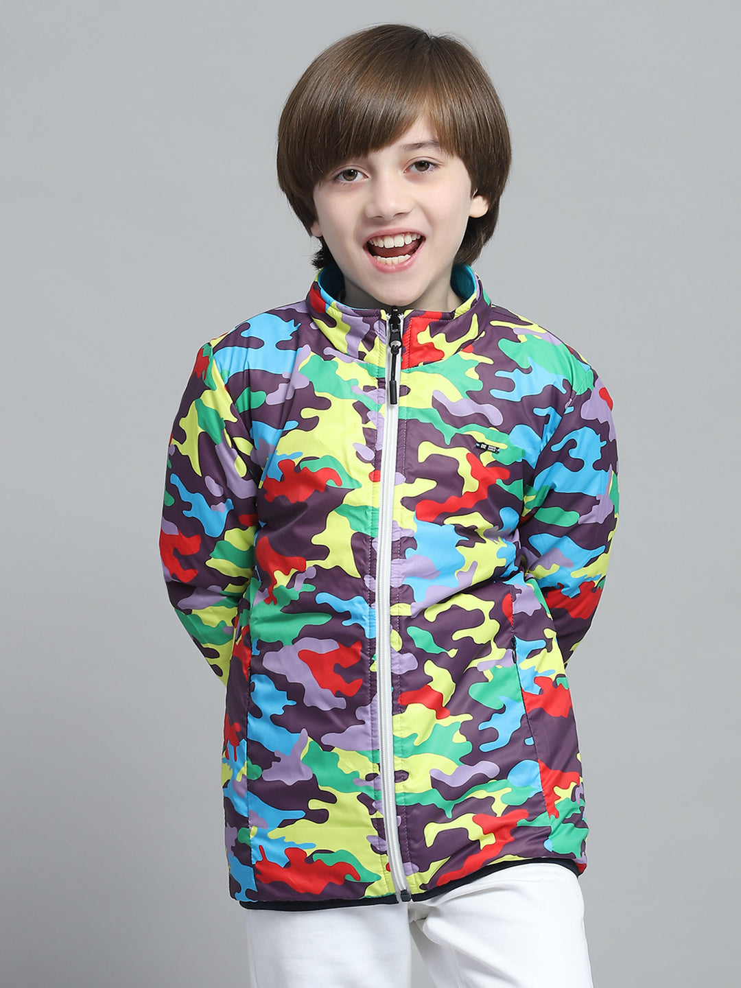 Boys Blue Solid Mock Neck Full Sleeve Reversible Jacket