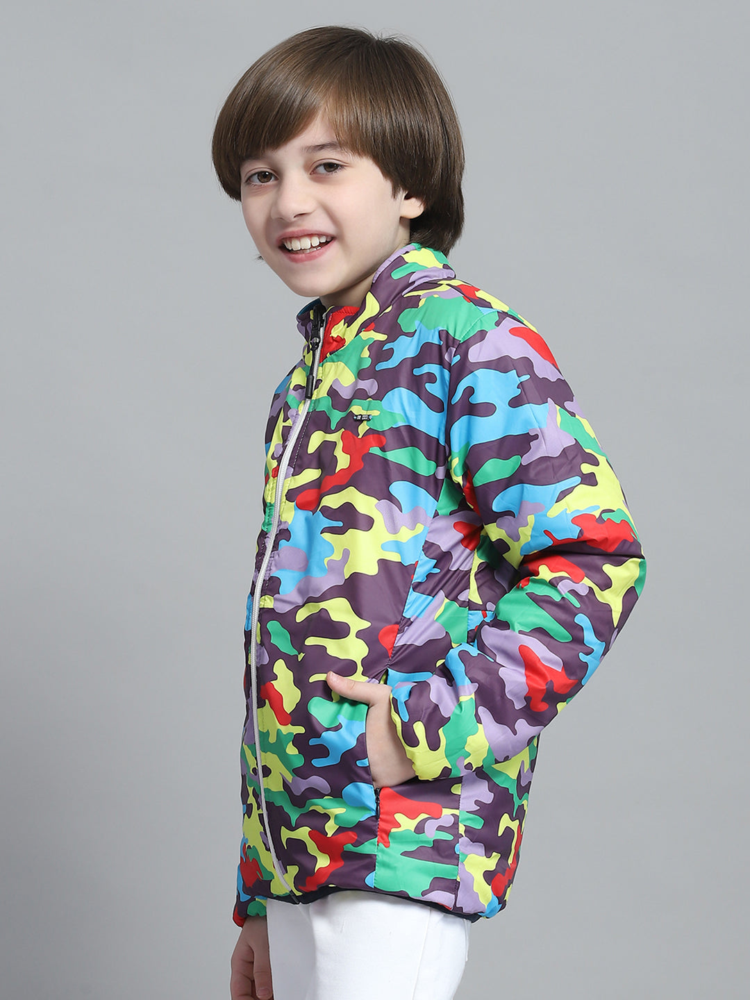 Boys Blue Solid Mock Neck Full Sleeve Reversible Jacket