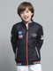 Boys Navy Blue Printed Mock Neck Full Sleeve Reversible Jacket