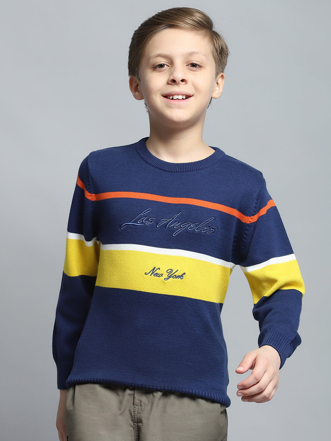 Boys Navy Blue Printed Round Neck Full Sleeve Pullover