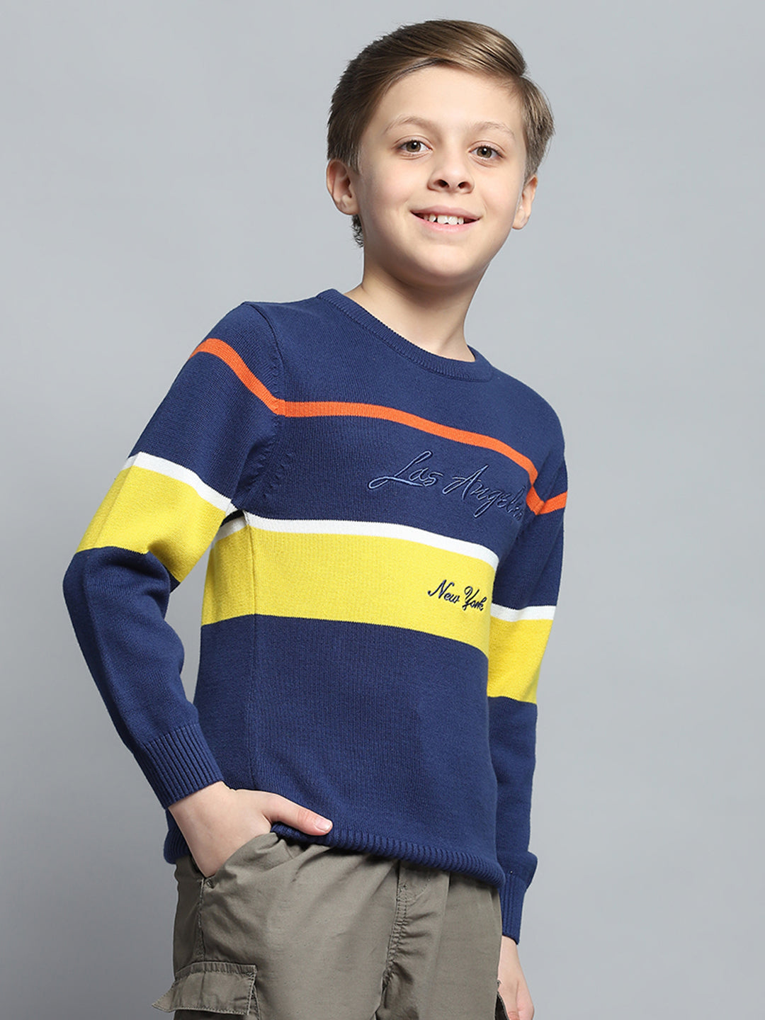 Boys Navy Blue Printed Round Neck Full Sleeve Pullover