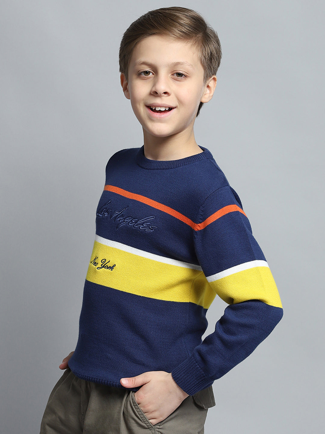 Boys Navy Blue Printed Round Neck Full Sleeve Pullover