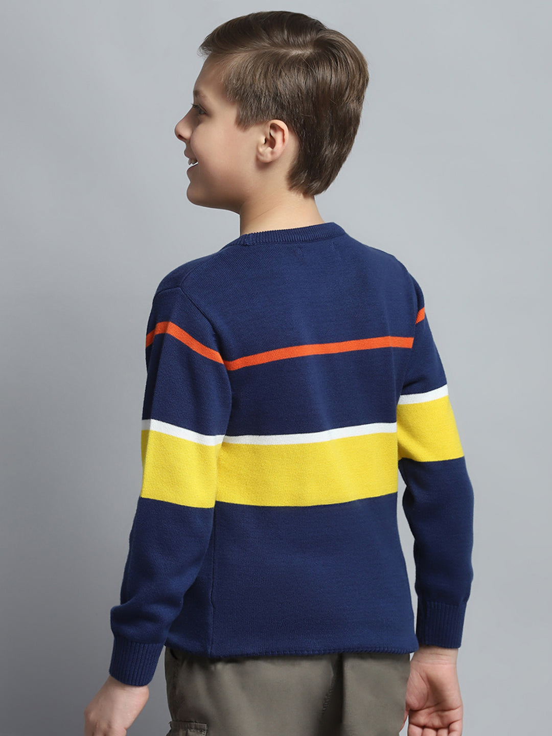 Boys Navy Blue Printed Round Neck Full Sleeve Pullover