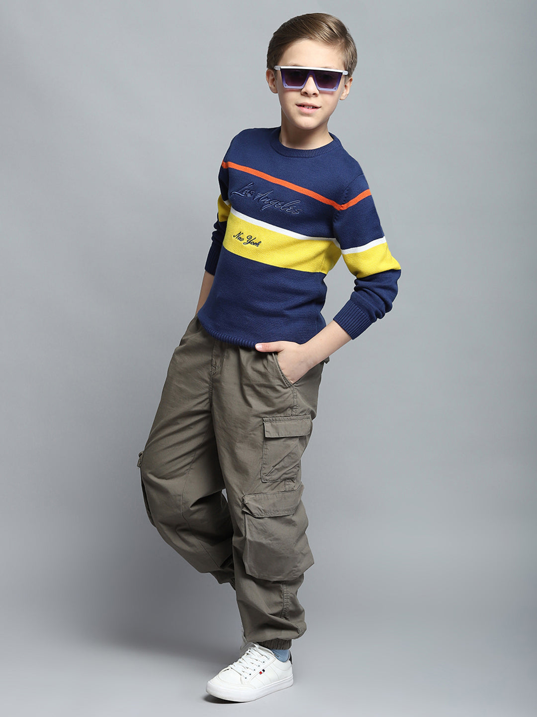 Boys Navy Blue Printed Round Neck Full Sleeve Pullover