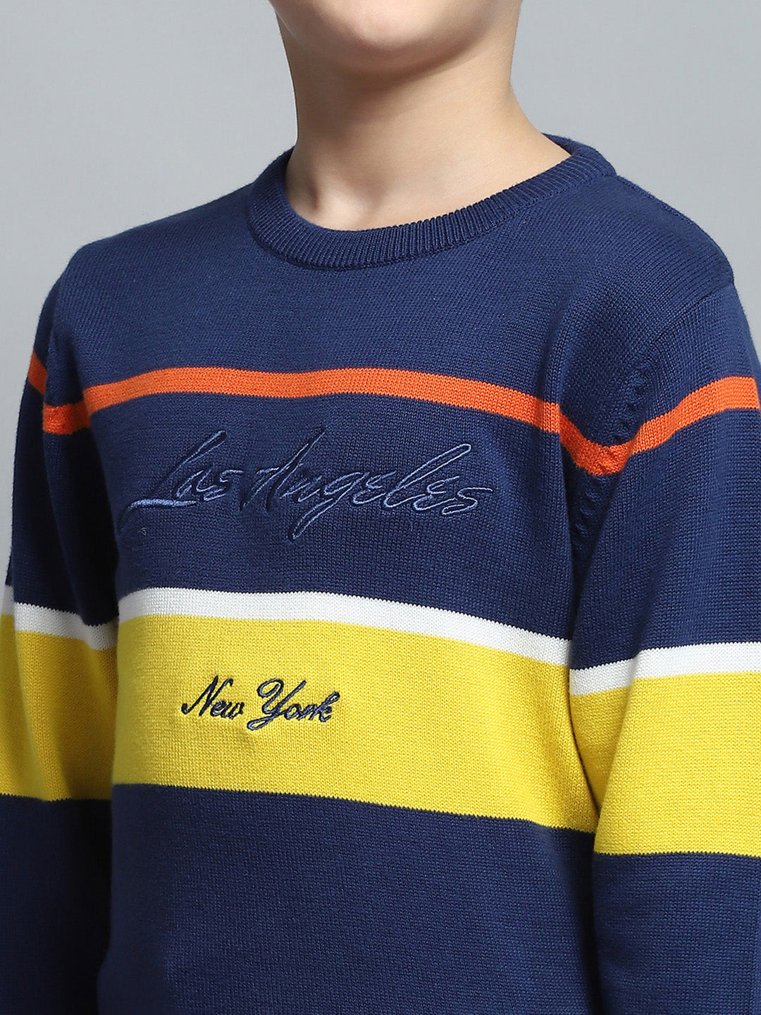 Boys Navy Blue Printed Round Neck Full Sleeve Pullover