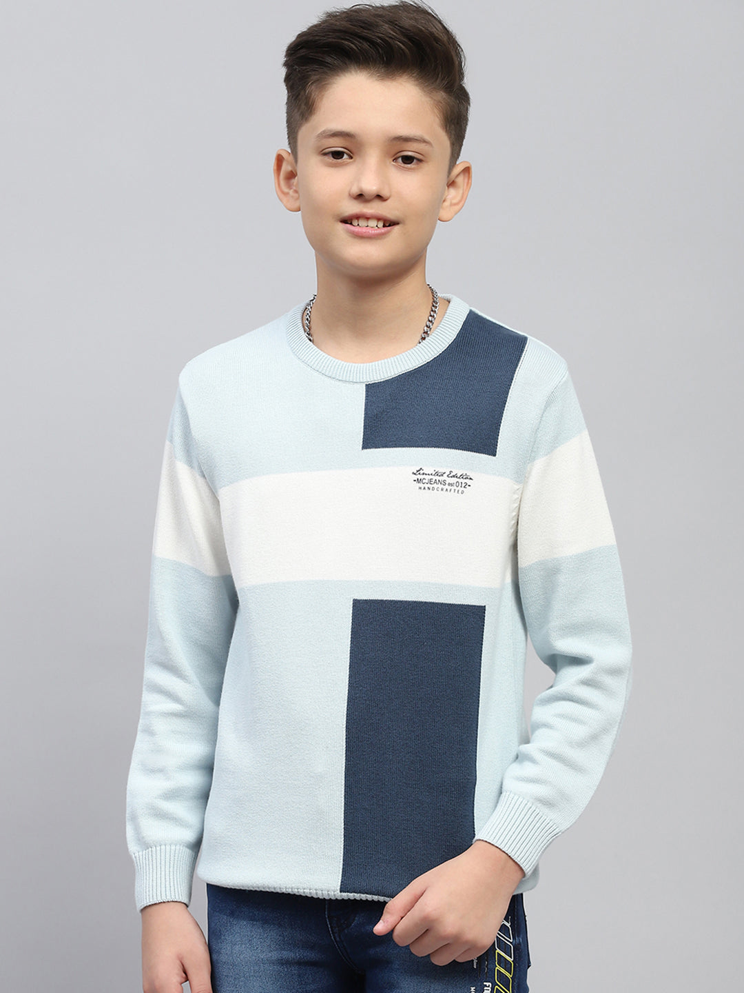 Boys Blue Self Design Round Neck Full Sleeve Pullover