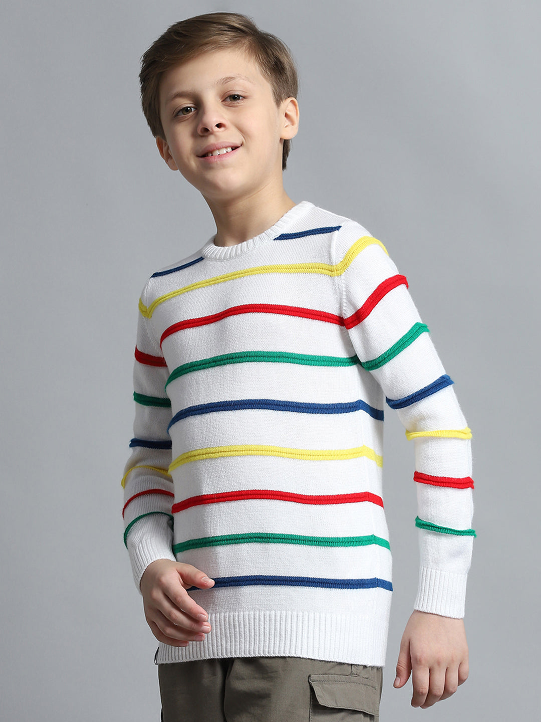 Boys White Stripe Round Neck Full Sleeve Pullover
