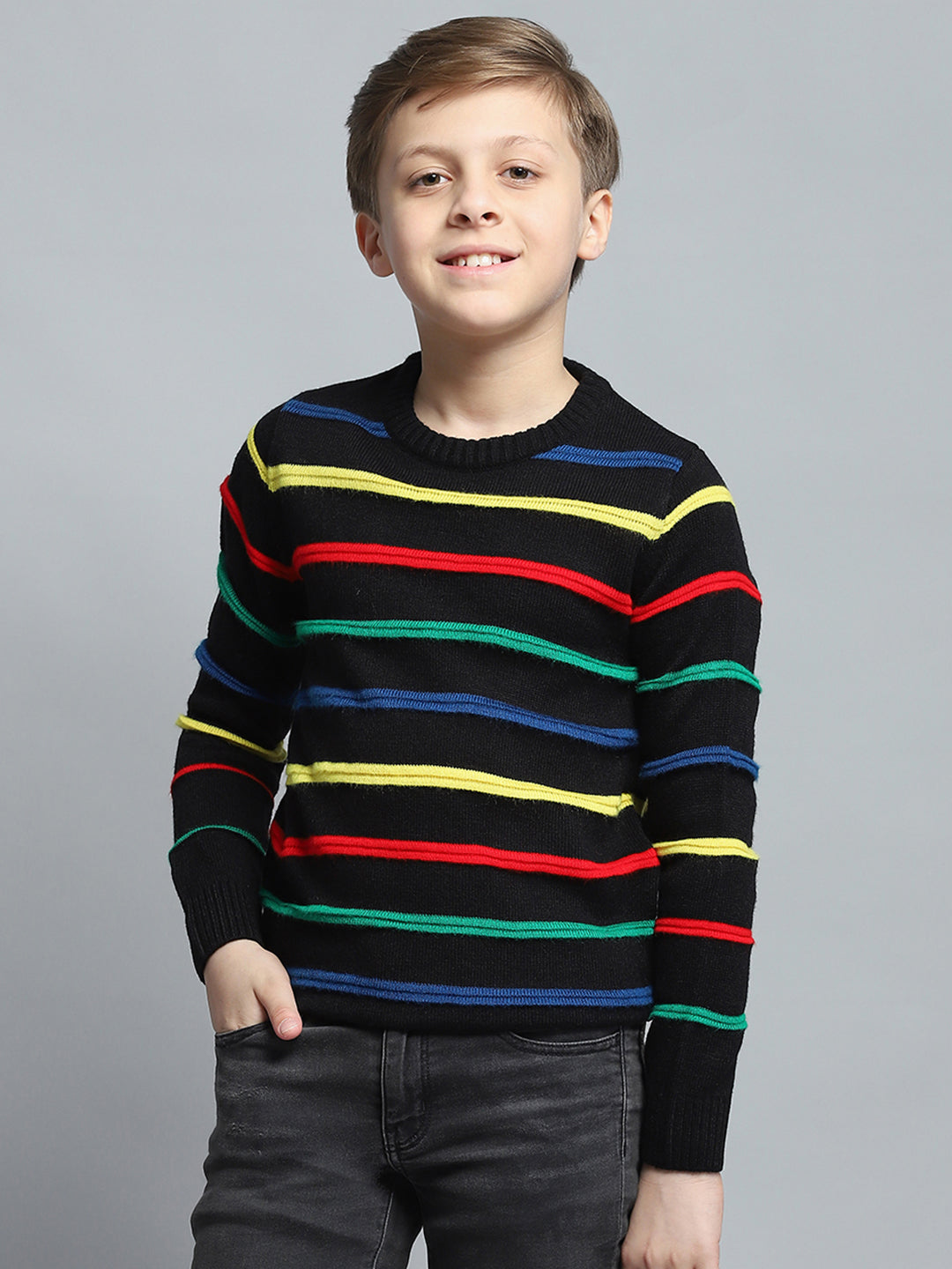 Boys Black Stripe Round Neck Full Sleeve Pullover