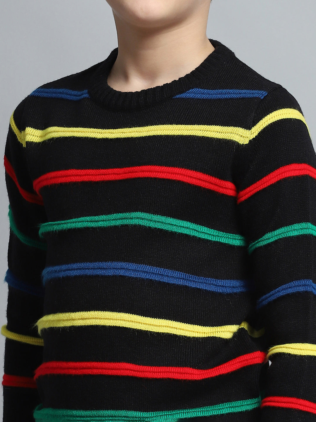 Boys Black Stripe Round Neck Full Sleeve Pullover