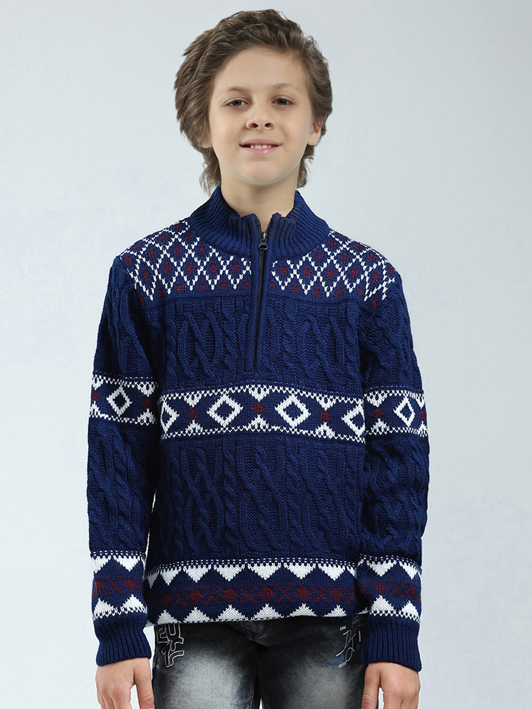 Boys Navy Blue Self Design Mock Neck Full Sleeve Pullover