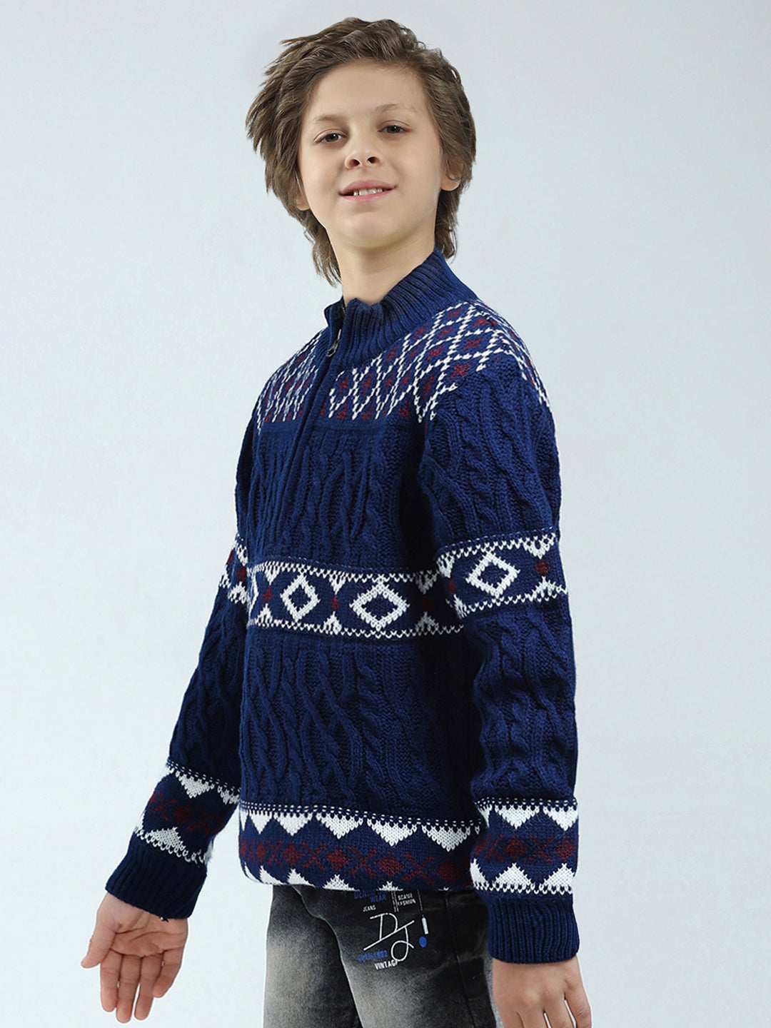 Boys Navy Blue Self Design Mock Neck Full Sleeve Pullover