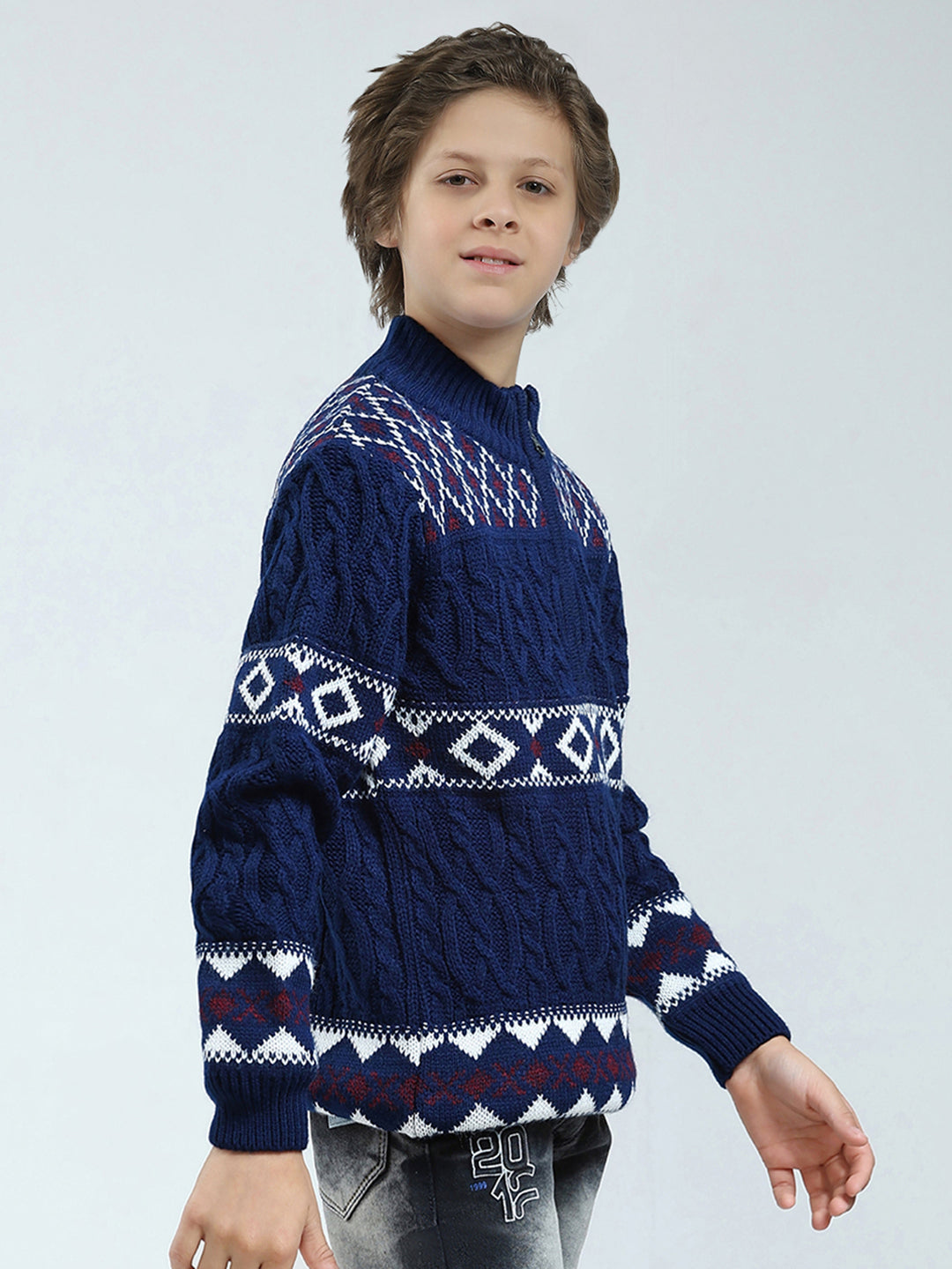 Boys Navy Blue Self Design Mock Neck Full Sleeve Pullover