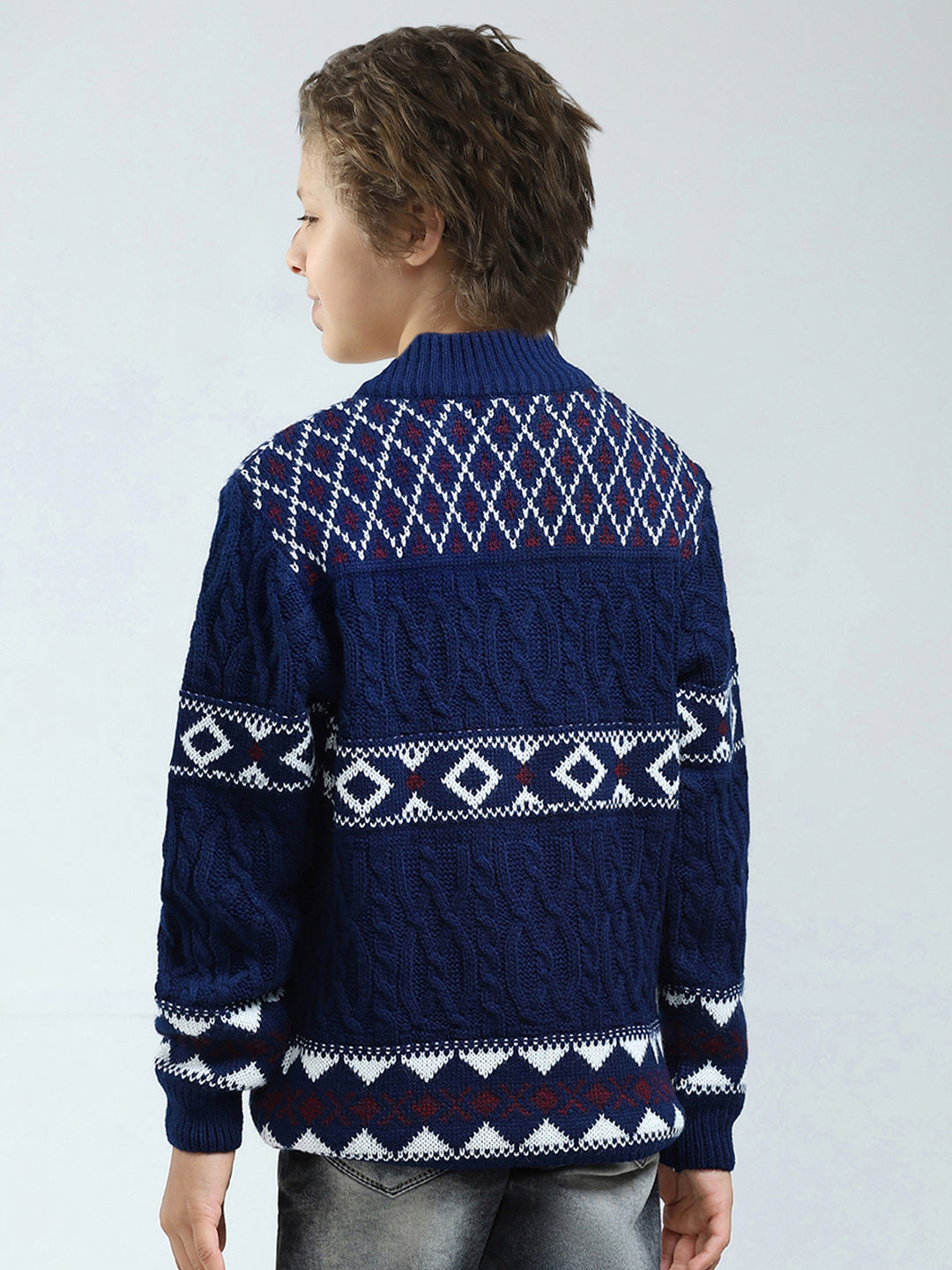 Boys Navy Blue Self Design Mock Neck Full Sleeve Pullover