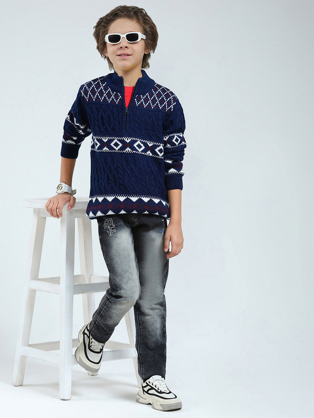 Boys Navy Blue Self Design Mock Neck Full Sleeve Pullover