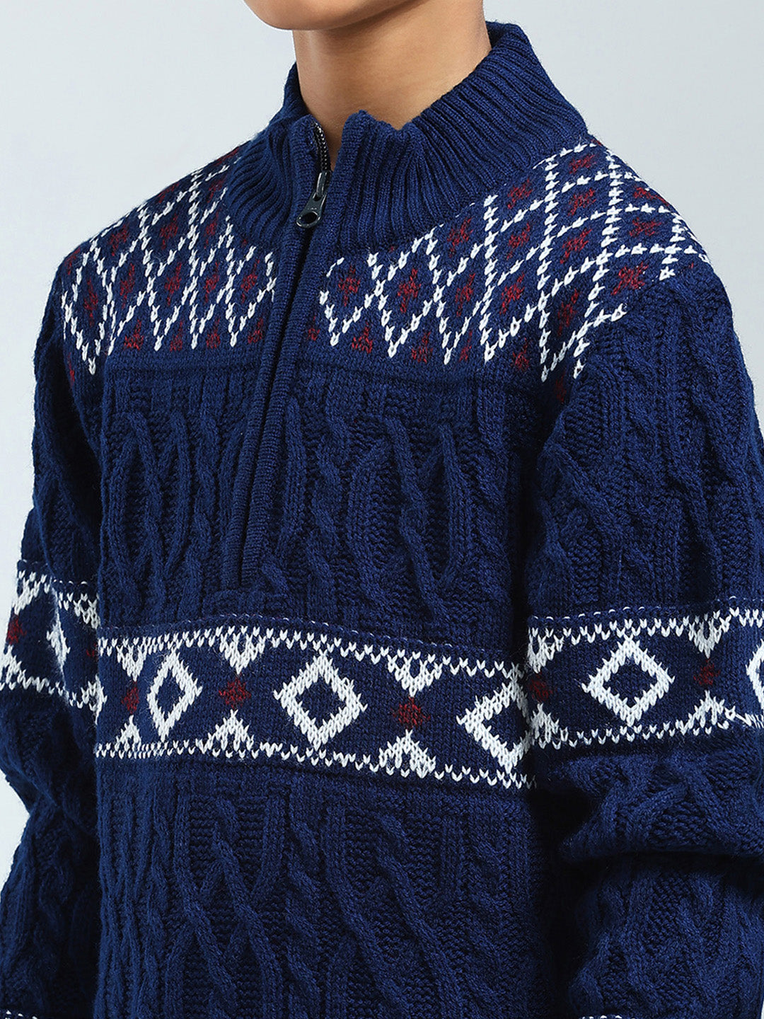 Boys Navy Blue Self Design Mock Neck Full Sleeve Pullover
