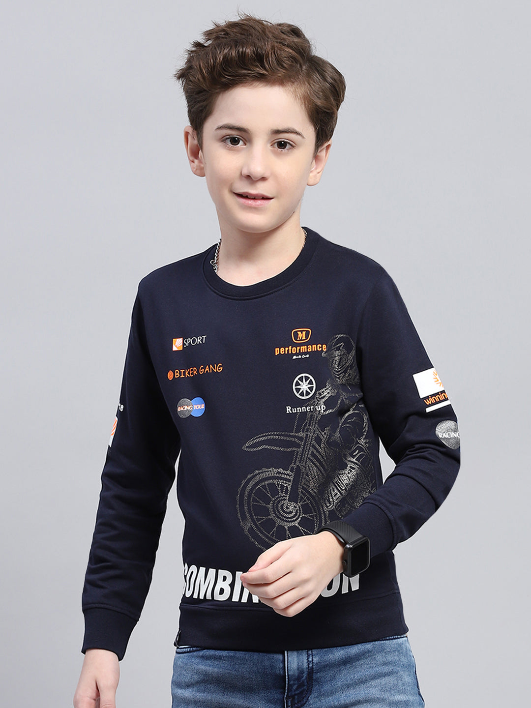 Boys Navy Blue Printed Round Neck Full Sleeve Sweatshirt