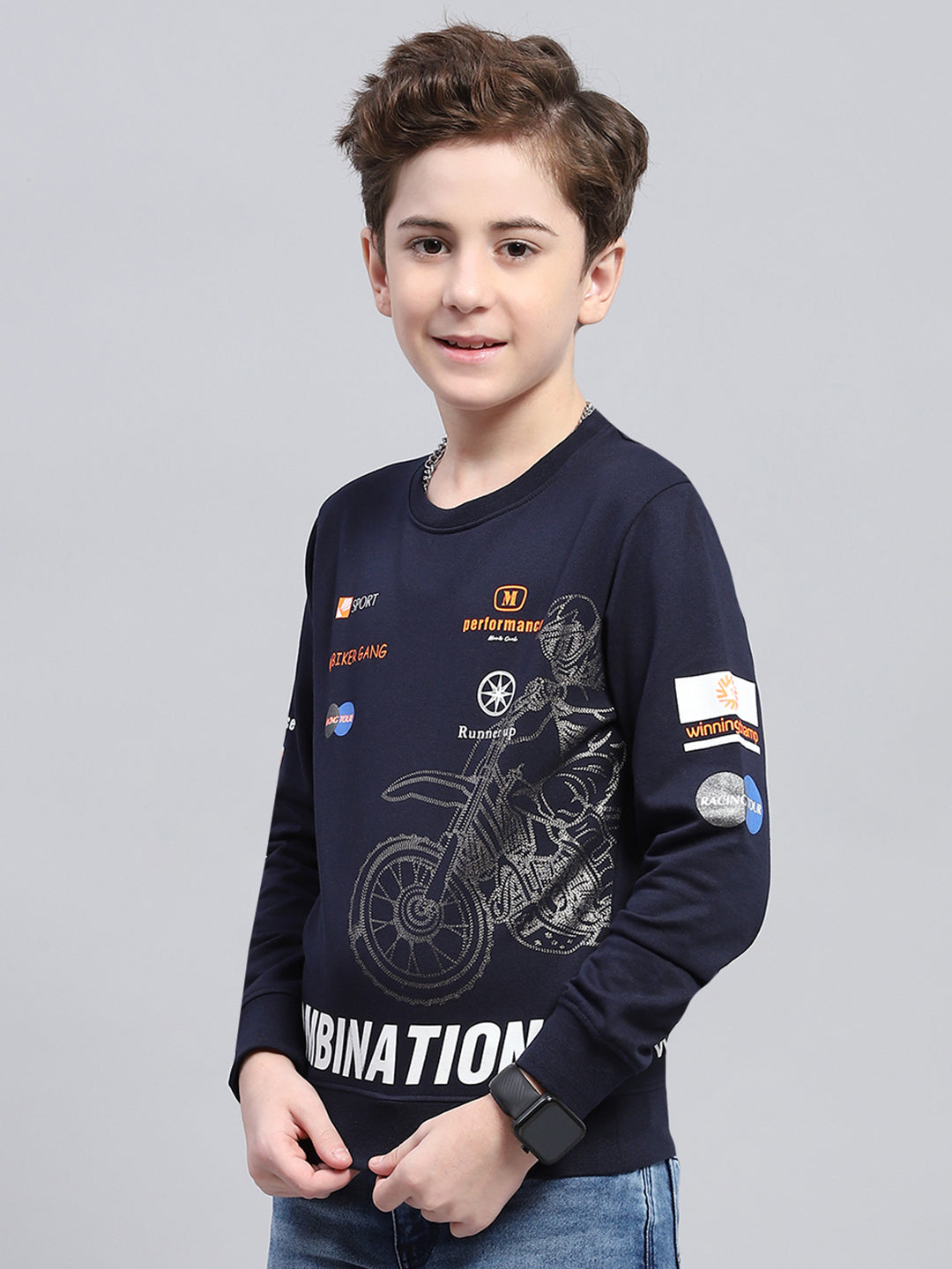 Boys Navy Blue Printed Round Neck Full Sleeve Sweatshirt
