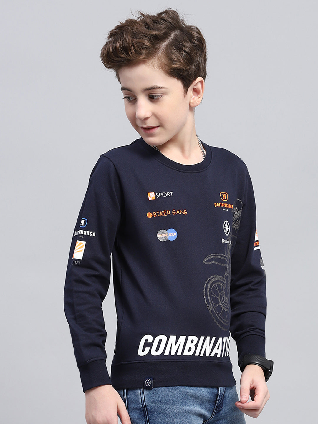 Boys Navy Blue Printed Round Neck Full Sleeve Sweatshirt