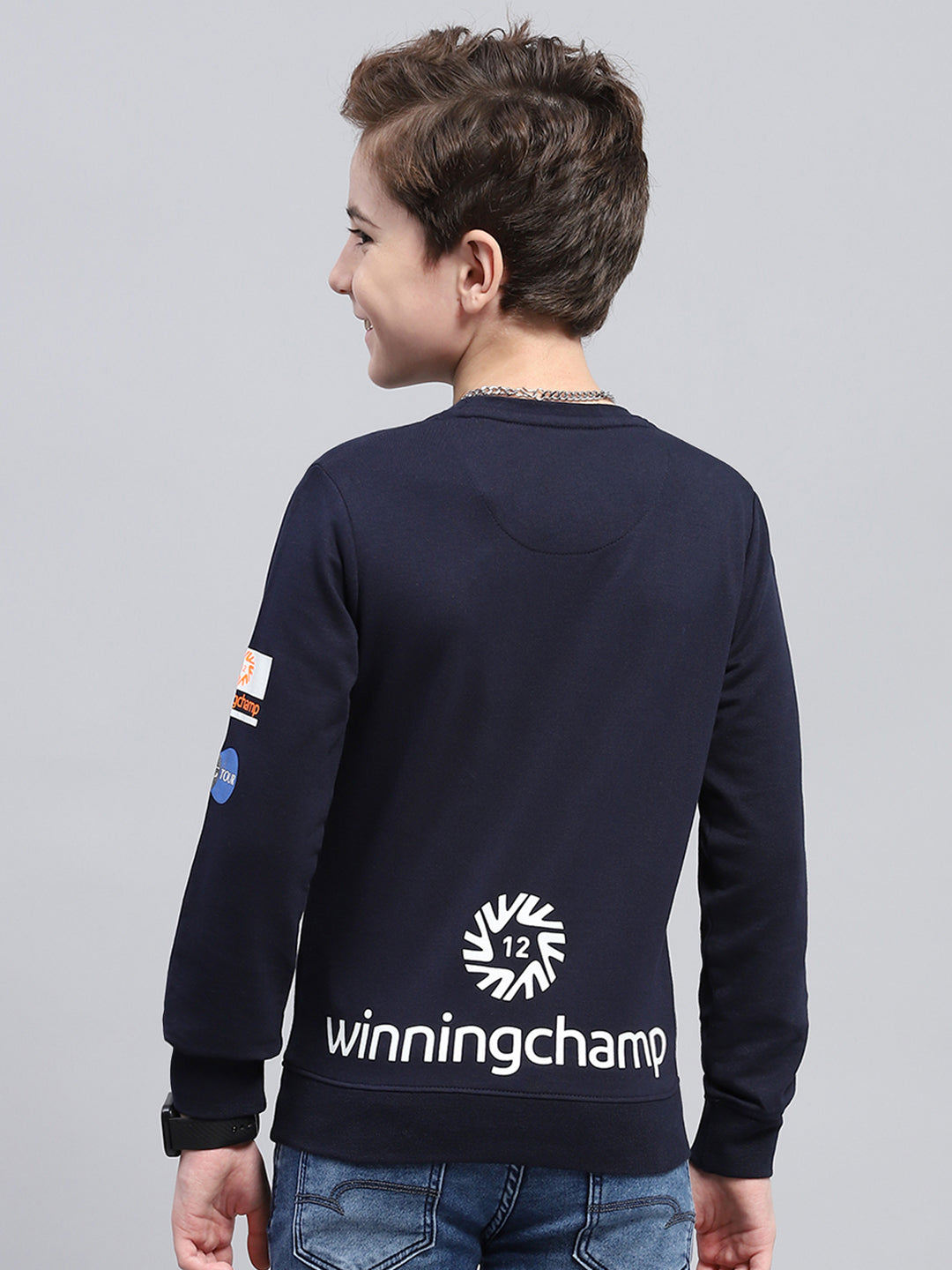 Boys Navy Blue Printed Round Neck Full Sleeve Sweatshirt