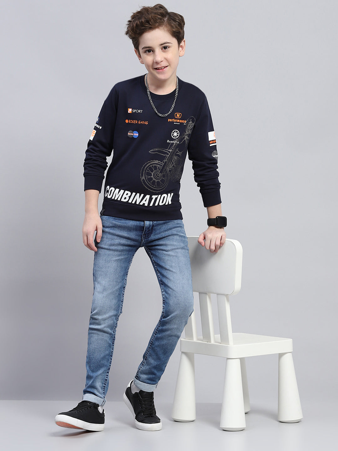 Boys Navy Blue Printed Round Neck Full Sleeve Sweatshirt