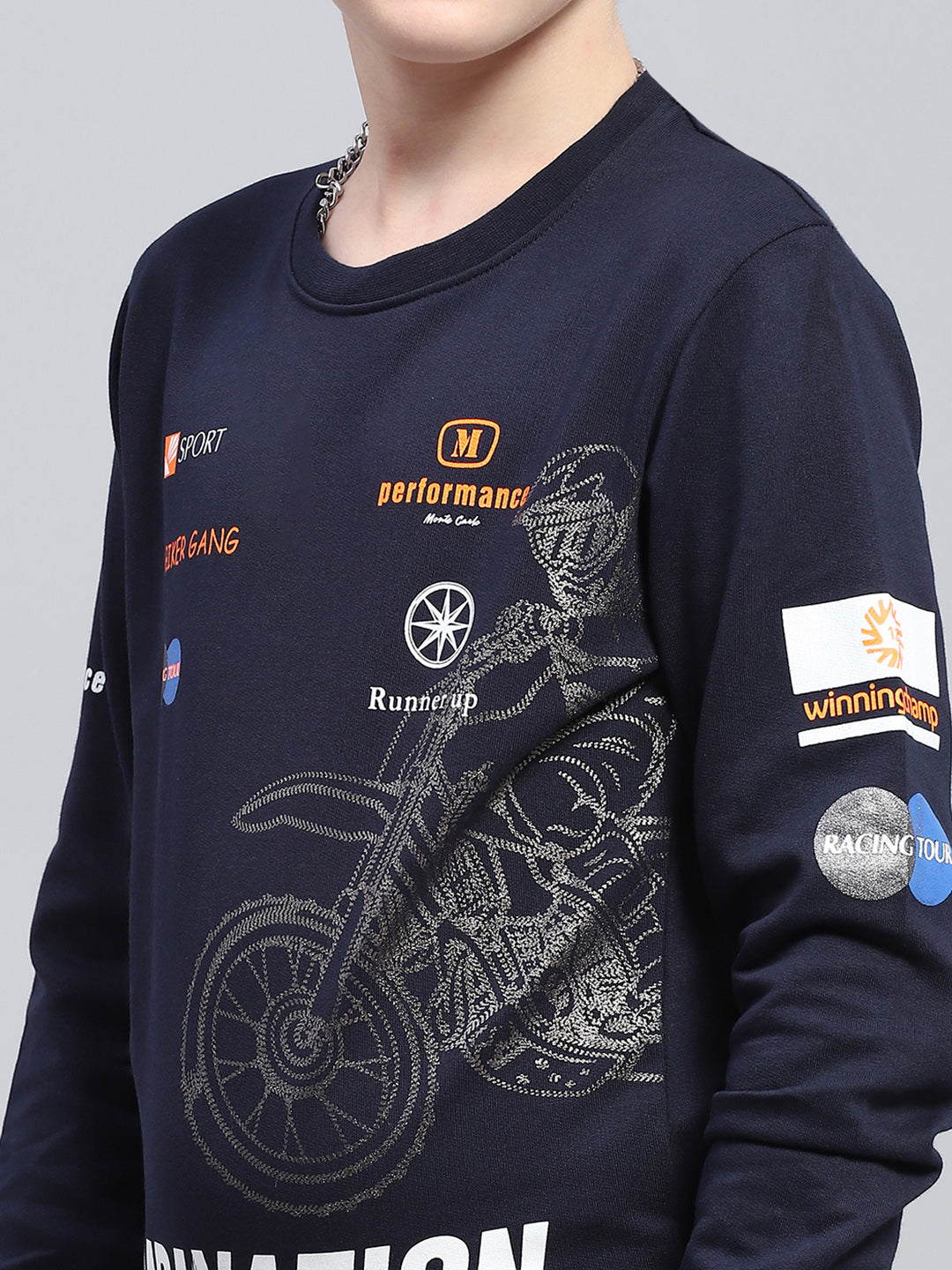 Boys Navy Blue Printed Round Neck Full Sleeve Sweatshirt