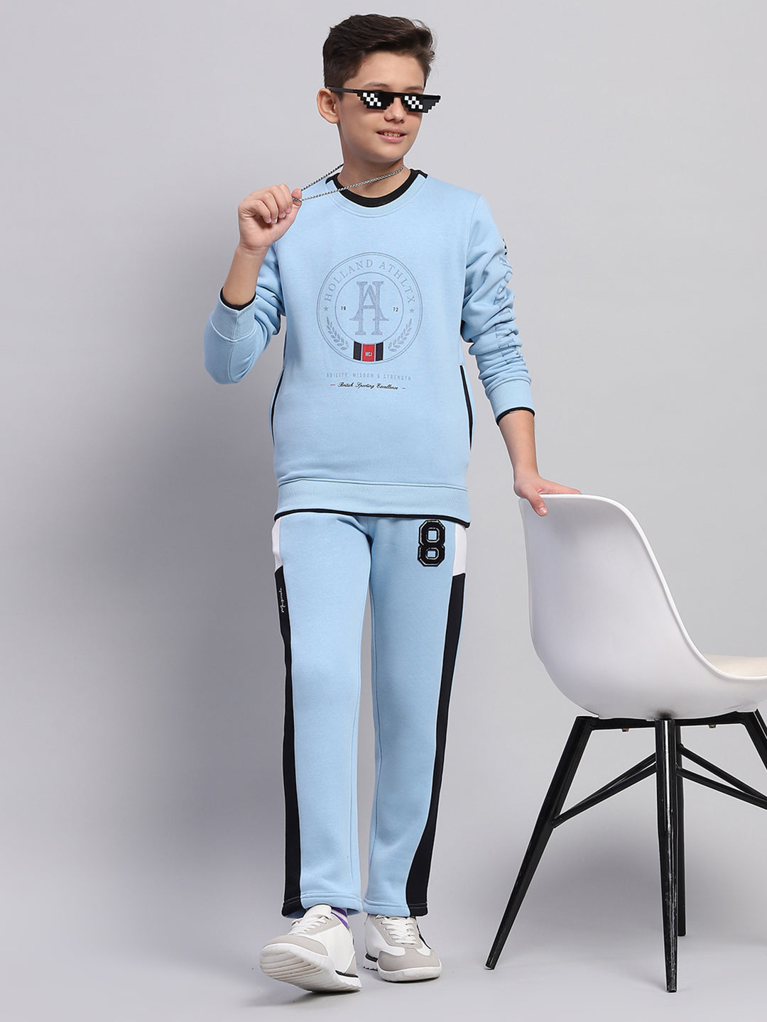 Boys Sky Blue Printed Round Neck Full Sleeve Sweatshirt
