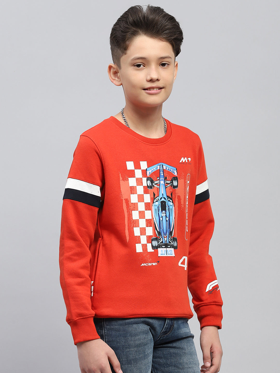 Boys Orange Printed Round Neck Full Sleeve Sweatshirt