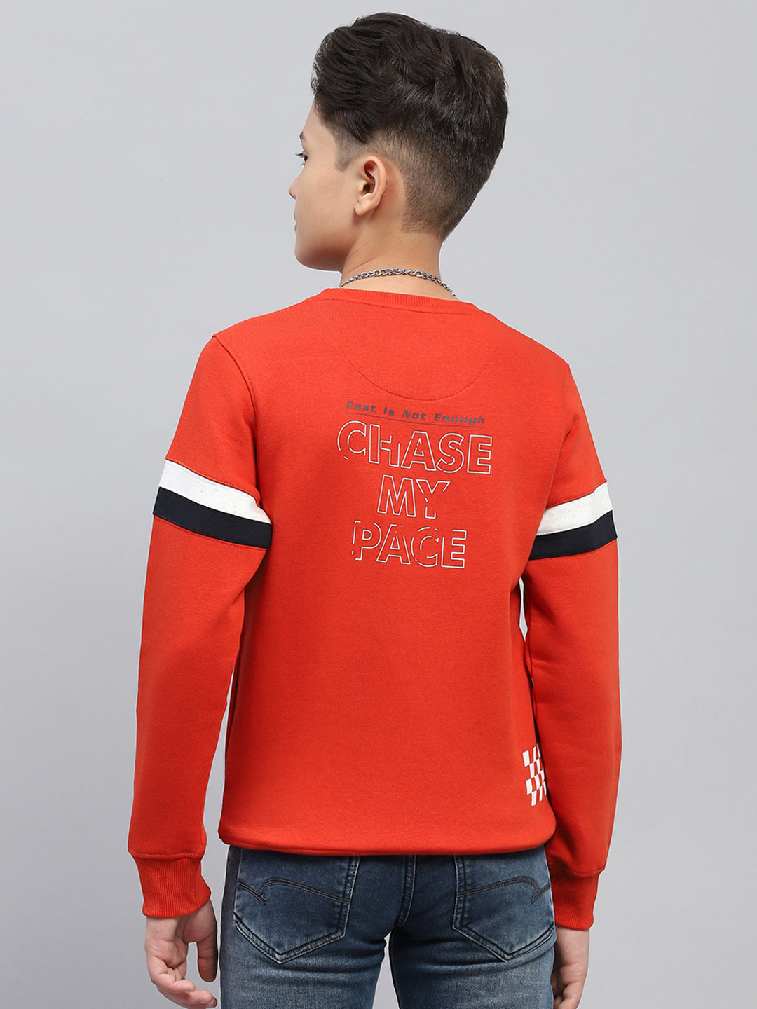 Boys Orange Printed Round Neck Full Sleeve Sweatshirt