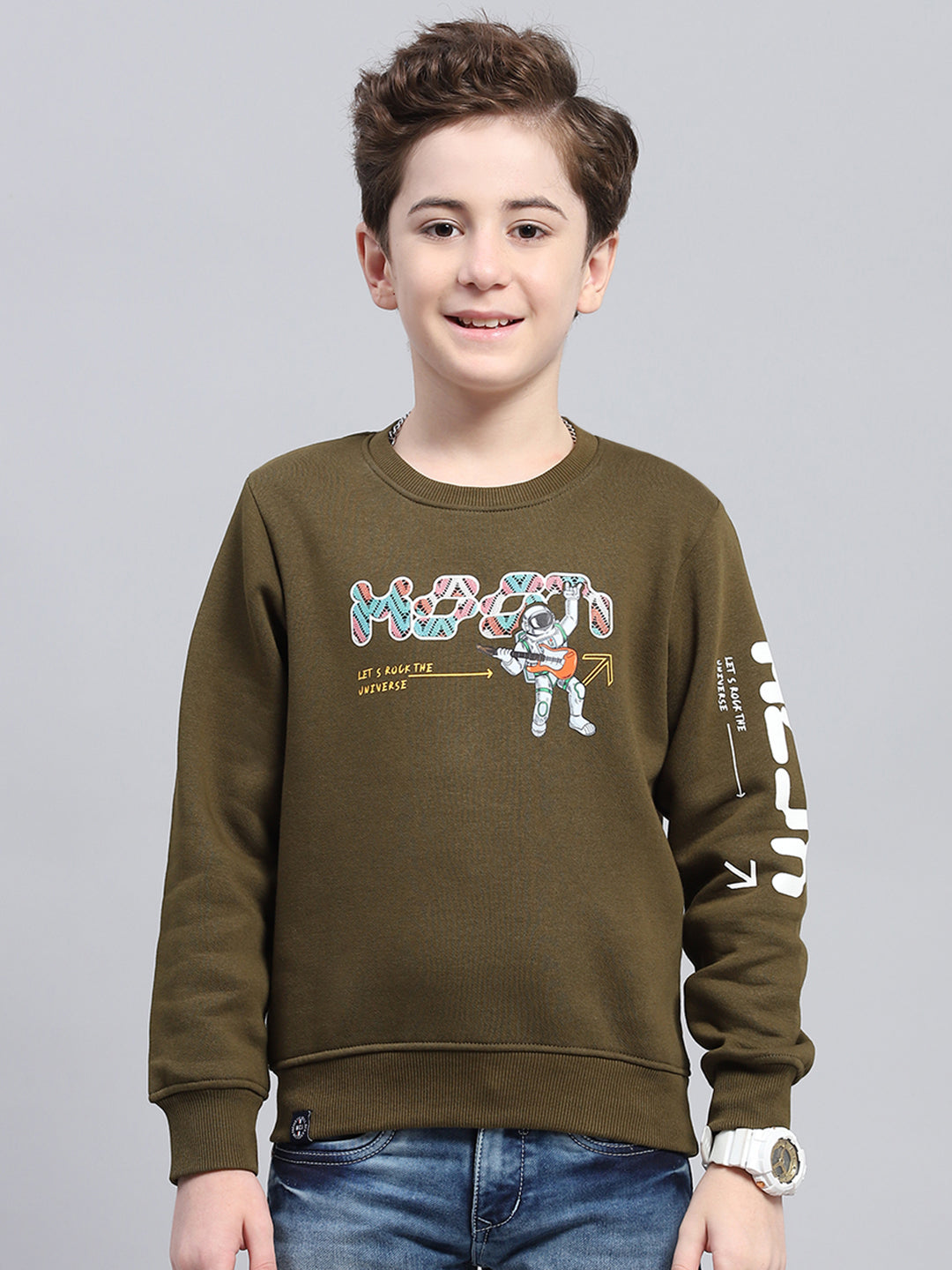 Boys Olive Printed Round Neck Full Sleeve Sweatshirt