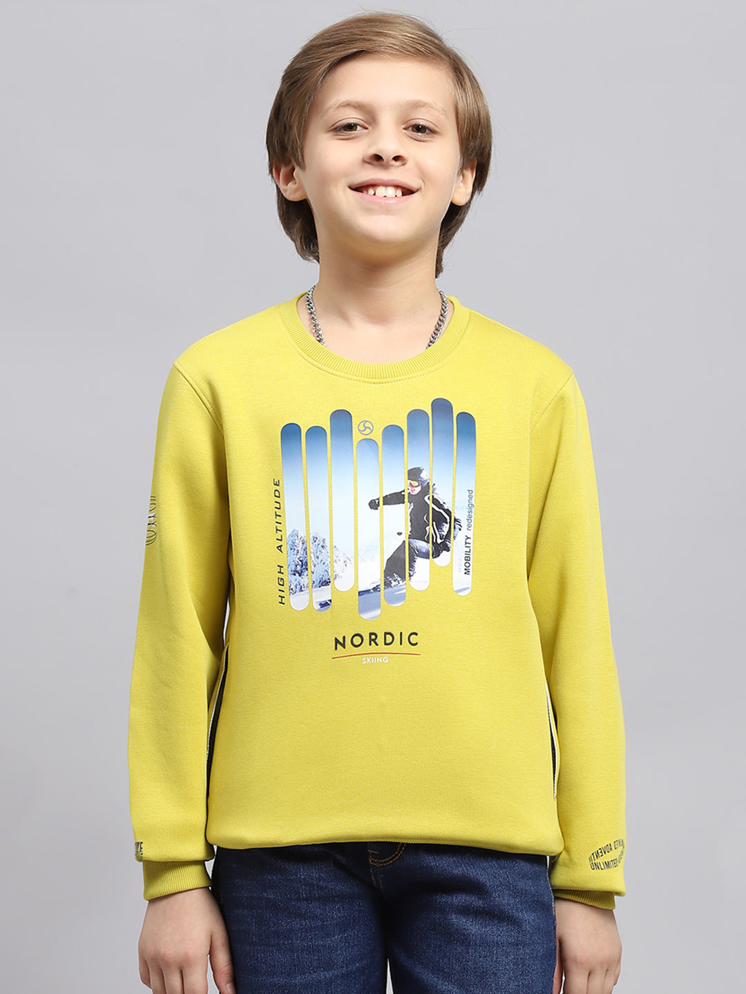 Boys Yellow Printed Round Neck Full Sleeve Sweatshirt