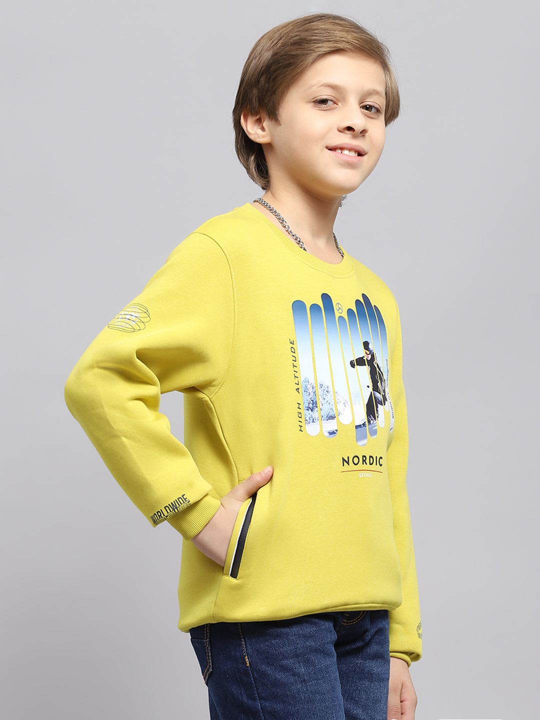 Boys Yellow Printed Round Neck Full Sleeve Sweatshirt