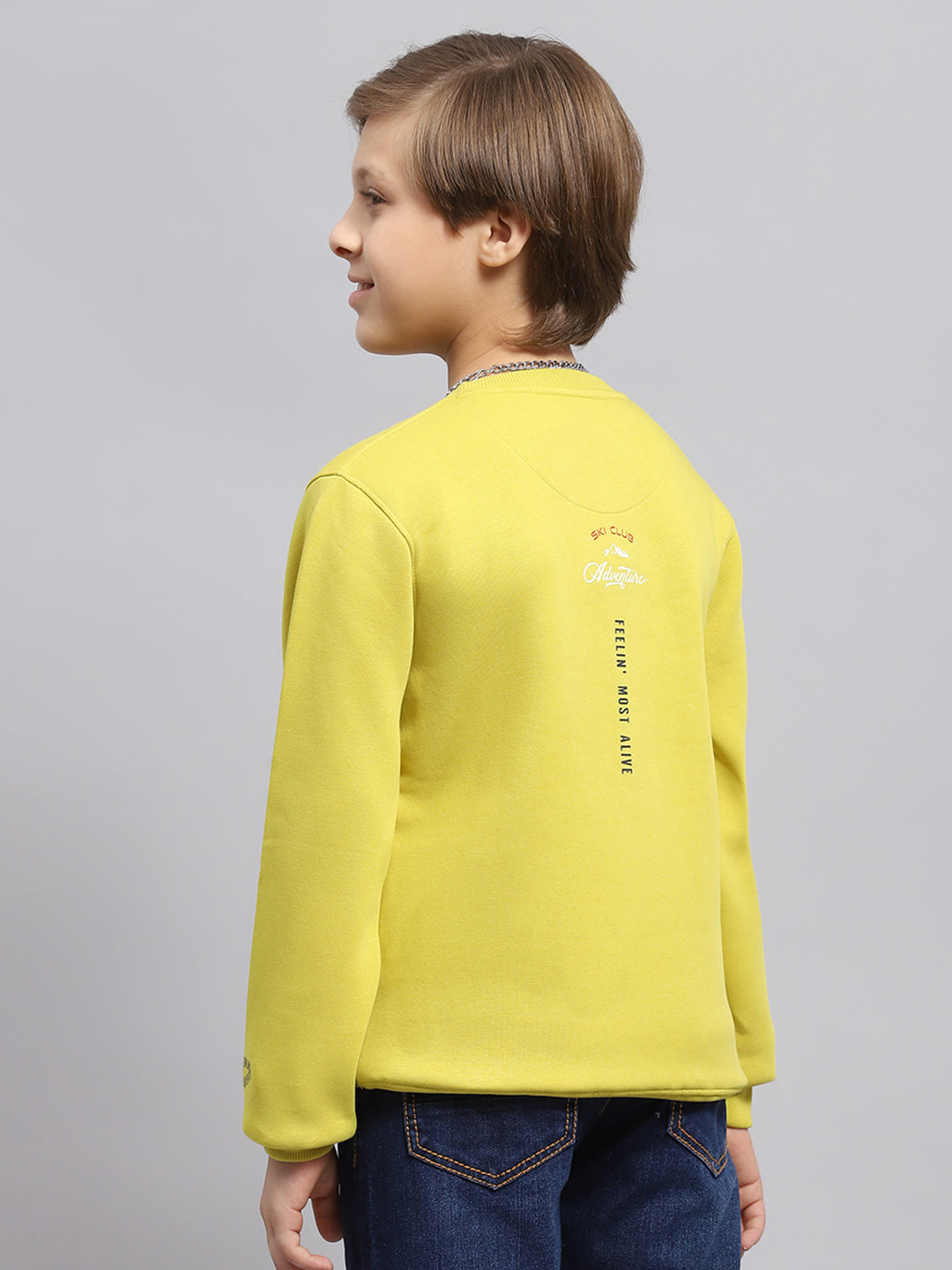 Boys Yellow Printed Round Neck Full Sleeve Sweatshirt
