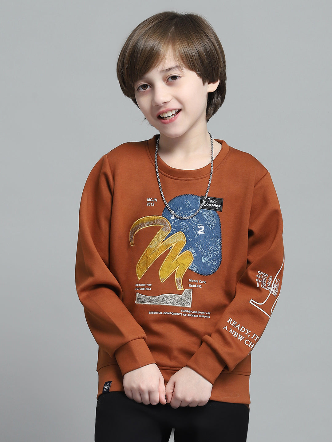 Boys Rust Printed Round Neck Full Sleeve Sweatshirt