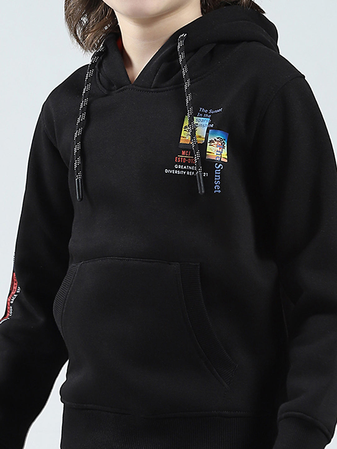 Boys Black Printed Hooded Full Sleeve Sweatshirt