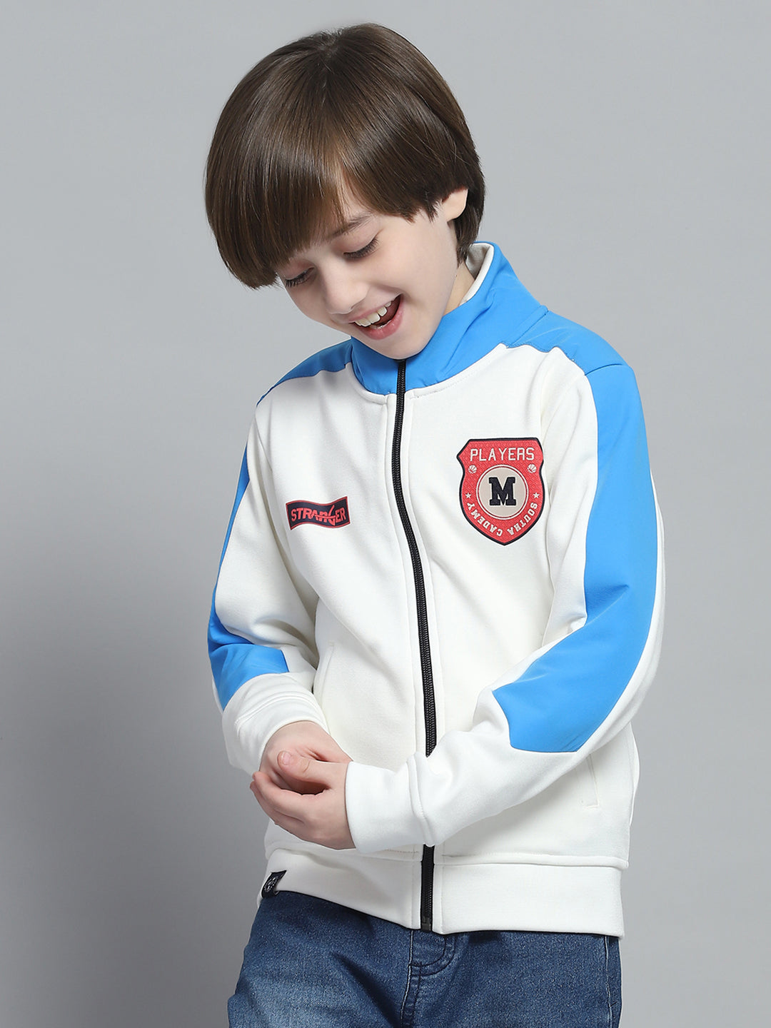 Boys White Printed Mock Neck Full Sleeve Sweatshirt