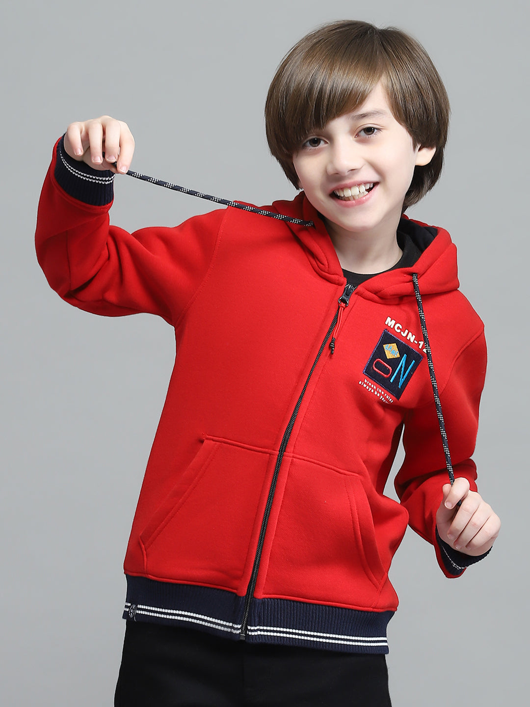 Boys Red Printed Hooded Full Sleeve Sweatshirt