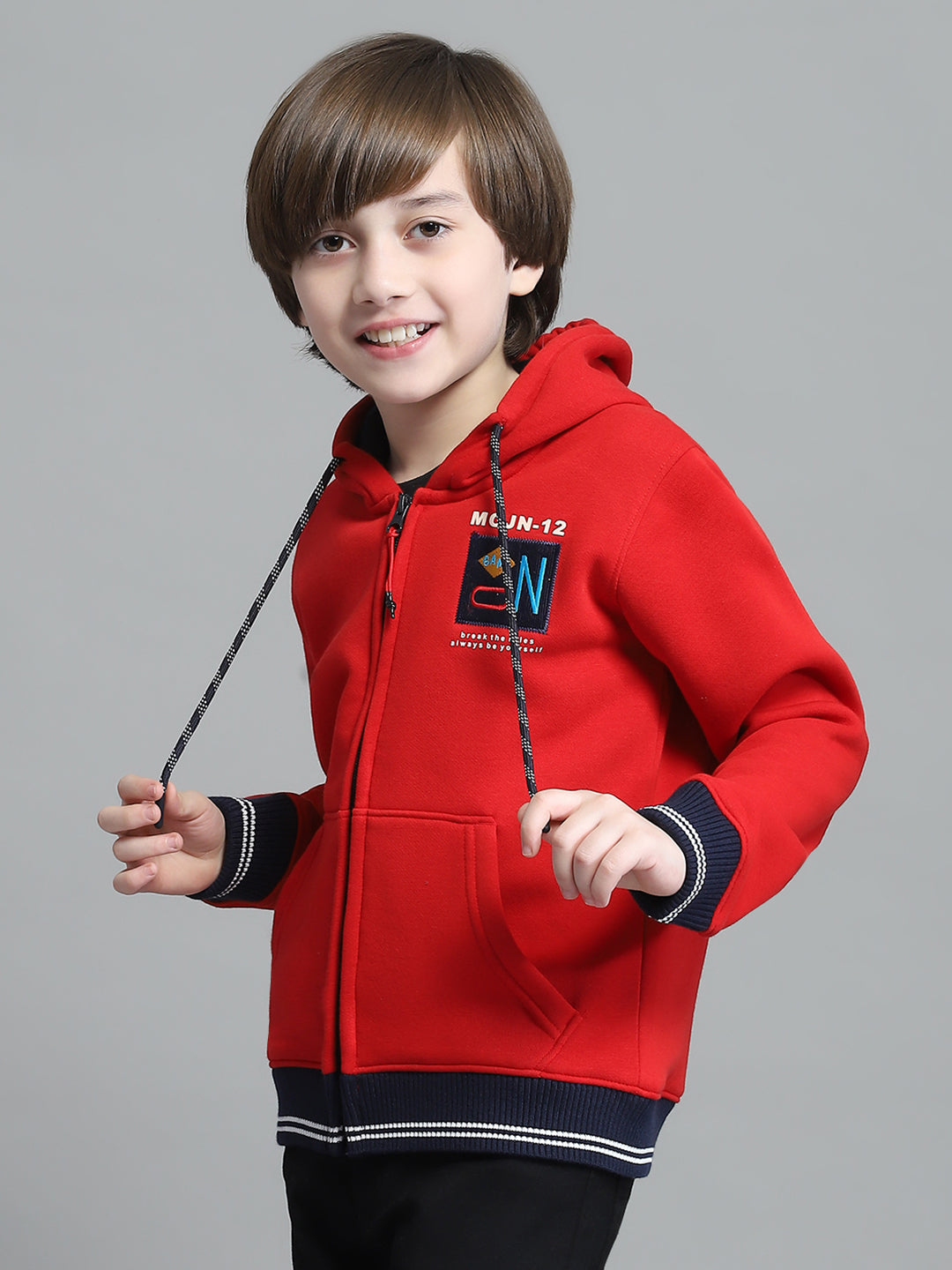 Boys Red Printed Hooded Full Sleeve Sweatshirt