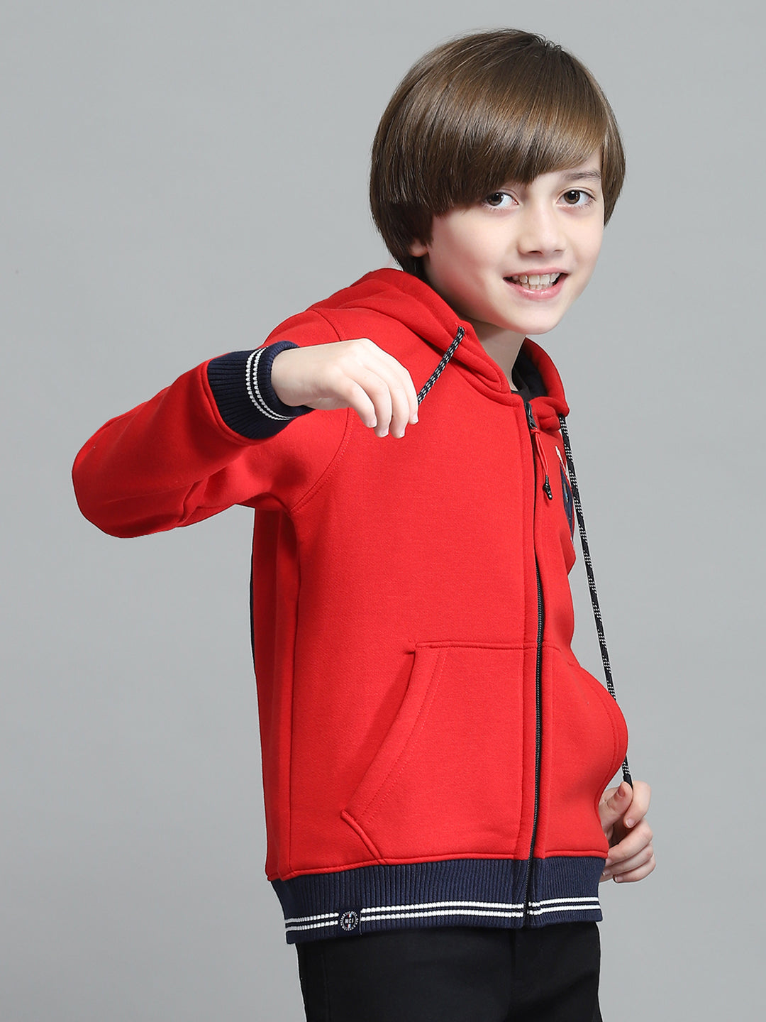 Boys Red Printed Hooded Full Sleeve Sweatshirt