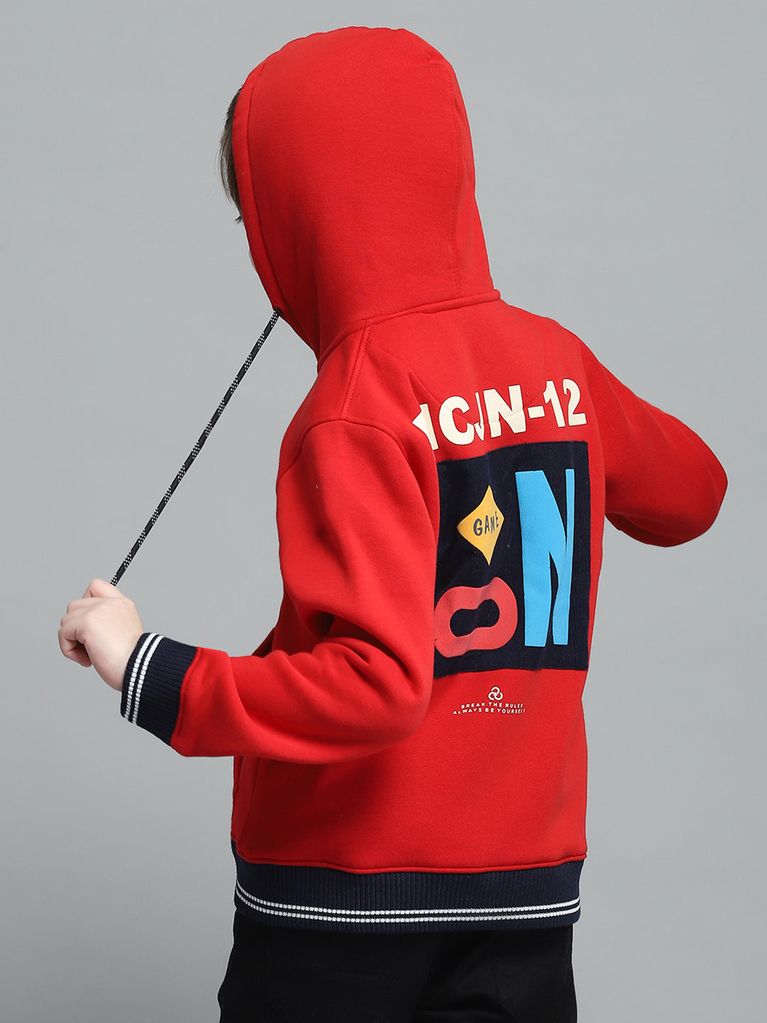 Boys Red Printed Hooded Full Sleeve Sweatshirt