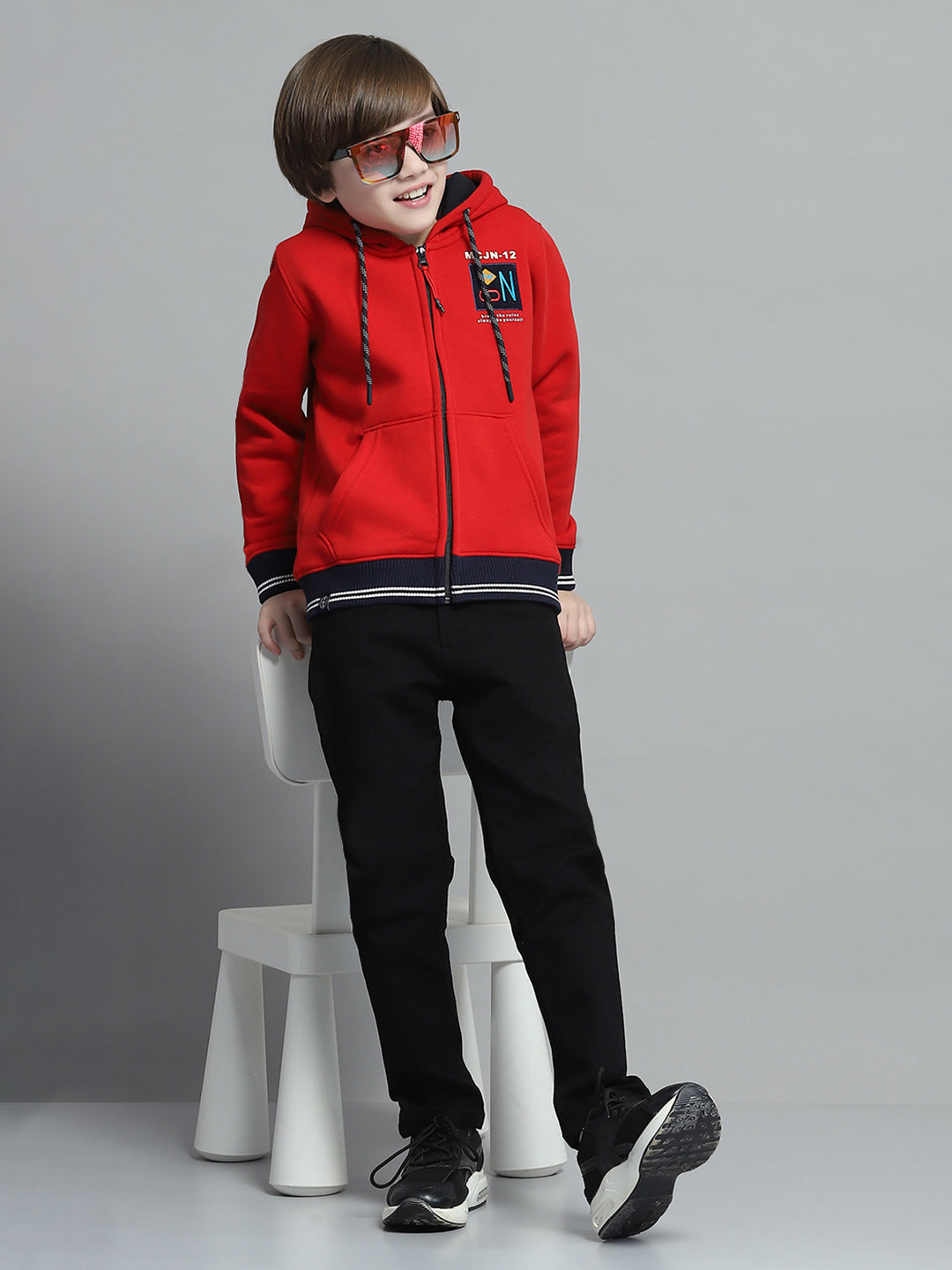 Boys Red Printed Hooded Full Sleeve Sweatshirt