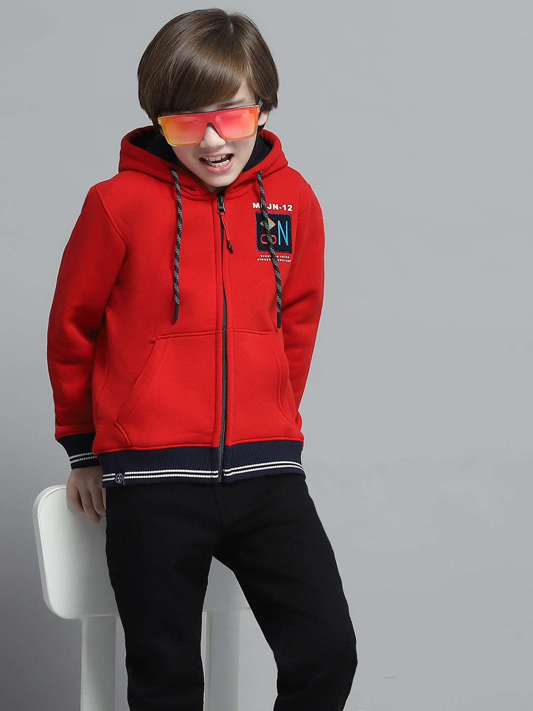 Boys Red Printed Hooded Full Sleeve Sweatshirt