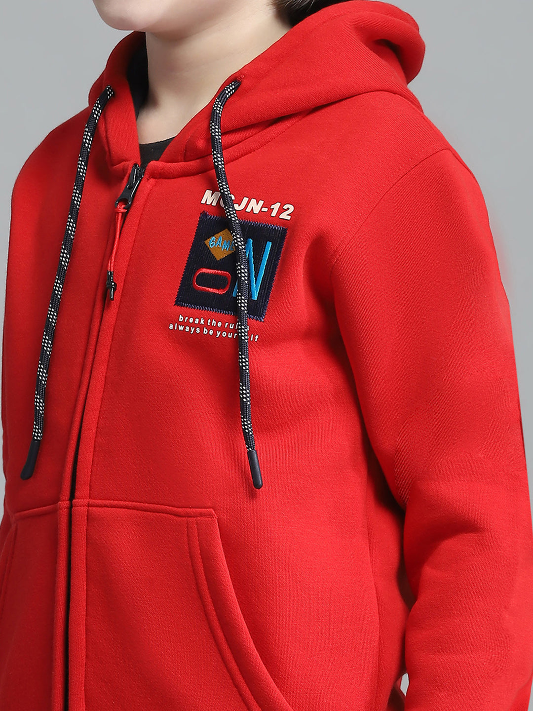 Boys Red Printed Hooded Full Sleeve Sweatshirt