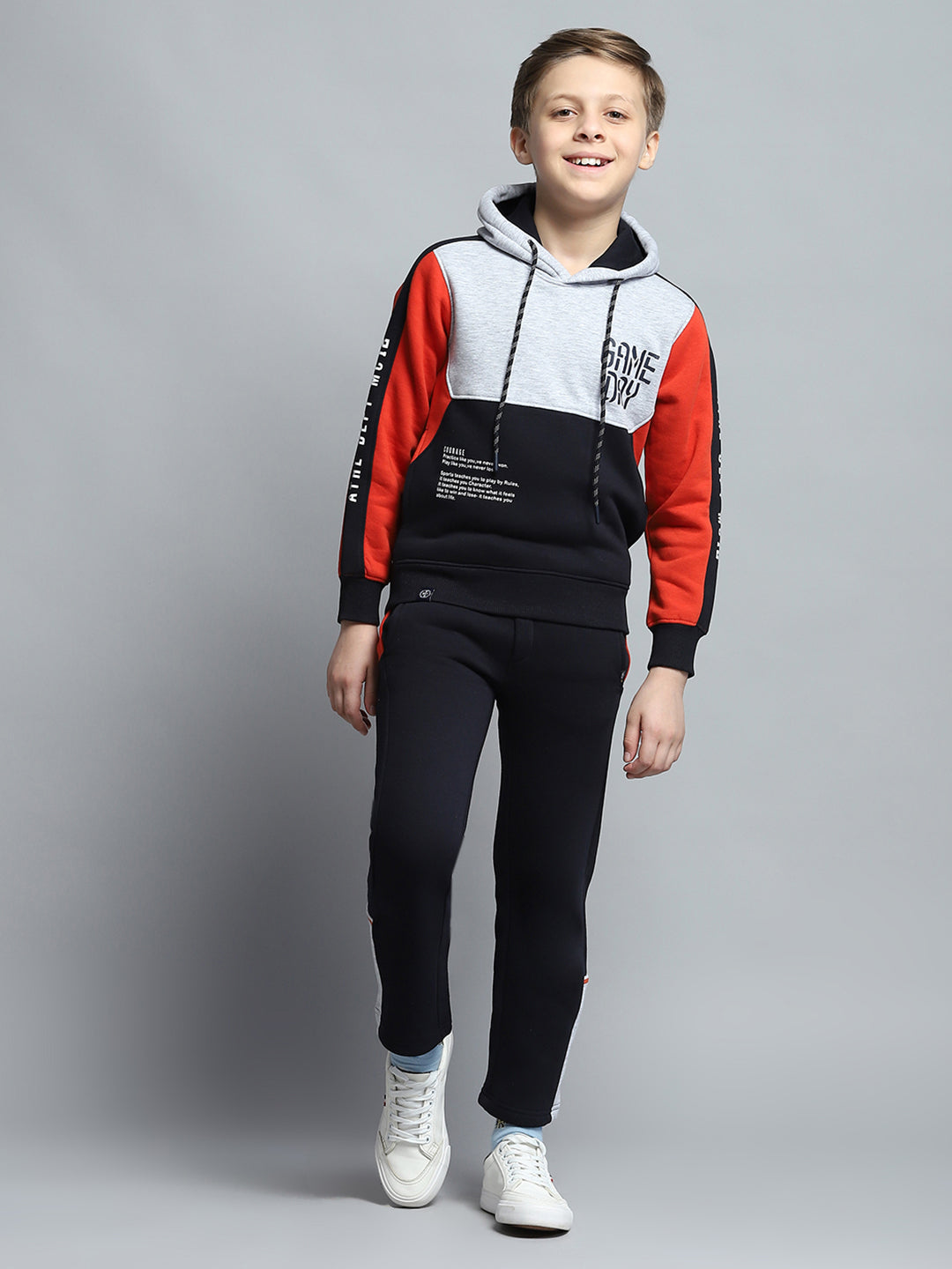Boys Navy Blue Printed Hooded Full Sleeve Tracksuit