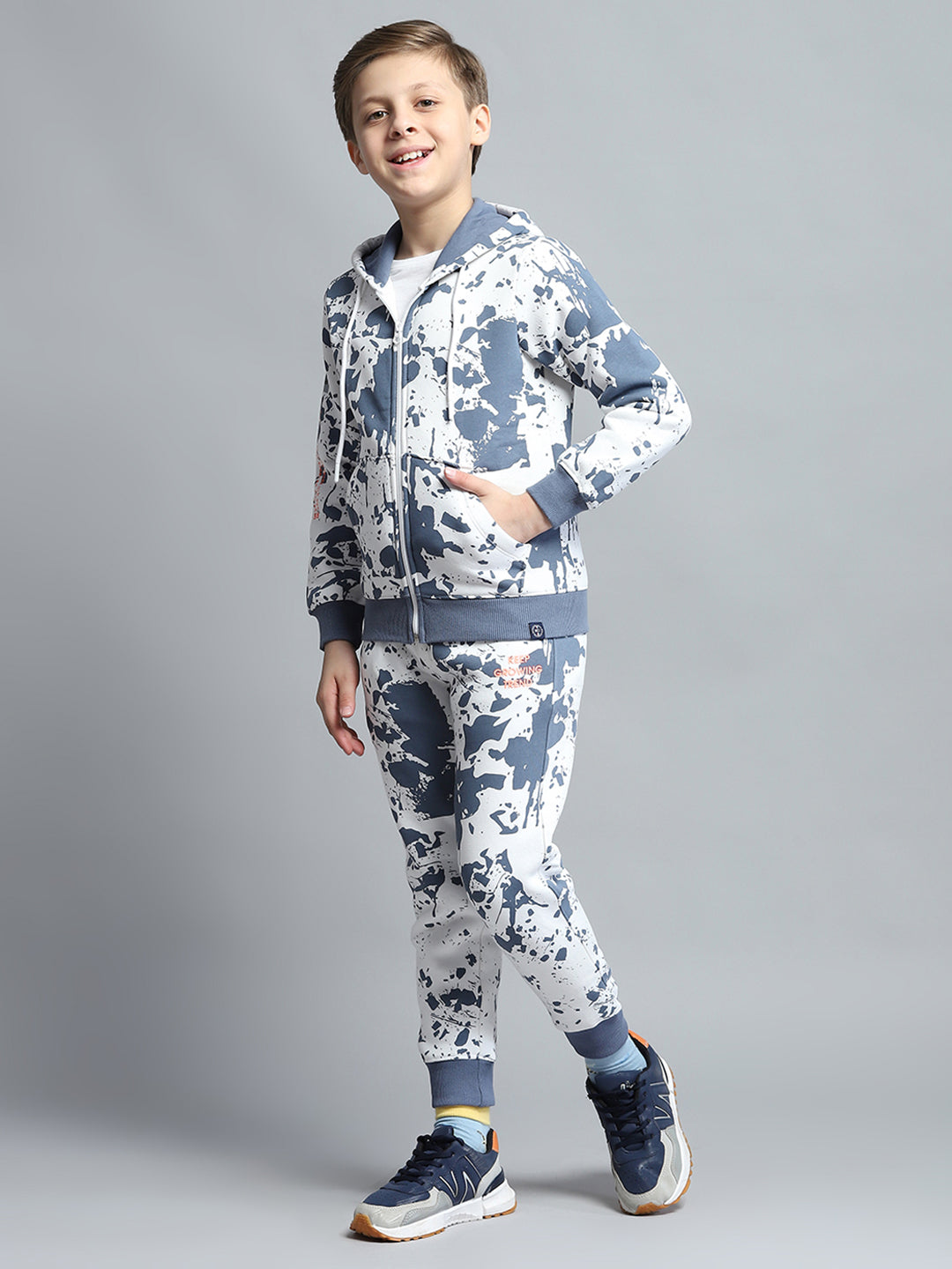 Boys Blue Printed Hooded Full Sleeve Tracksuit
