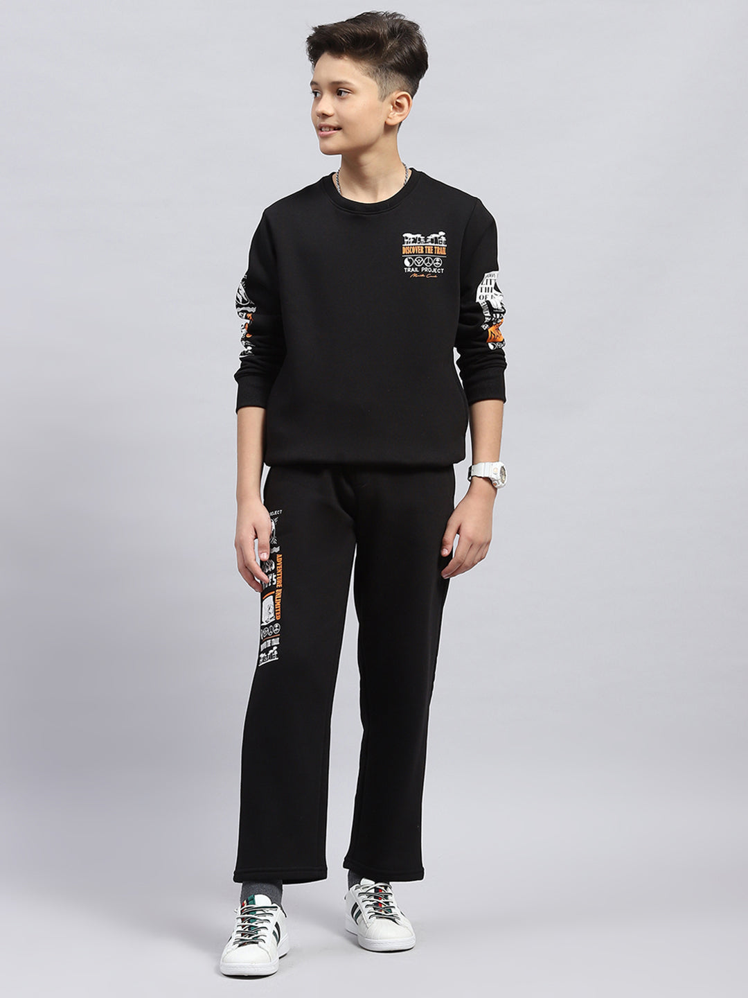 Boys Black Printed Round Neck Full Sleeve Tracksuit