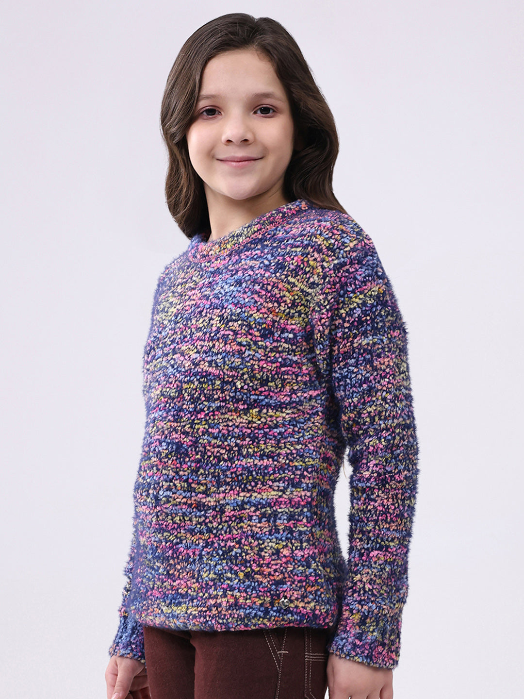 Girls Navy Blue & Purple Self Design Round Neck Full Sleeve Pullover