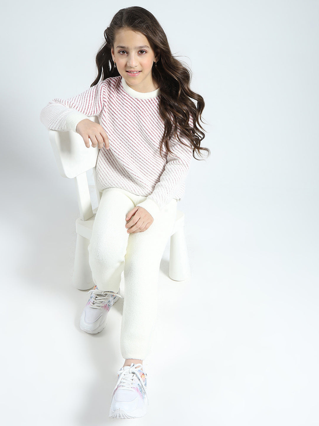 Girls Cream Self Design Round Neck Full Sleeve Cords Set