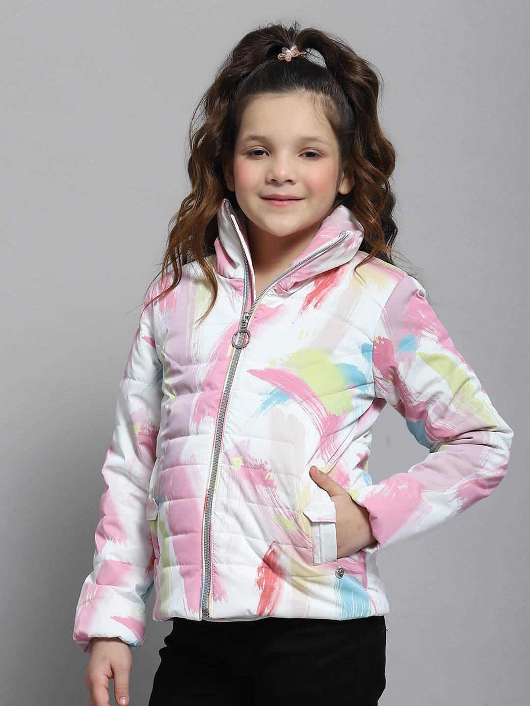 Girls Pink Printed Collar Full Sleeve Jacket